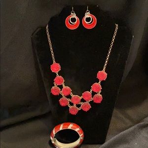 Red Necklace, Earrings & Bangle Bracelet